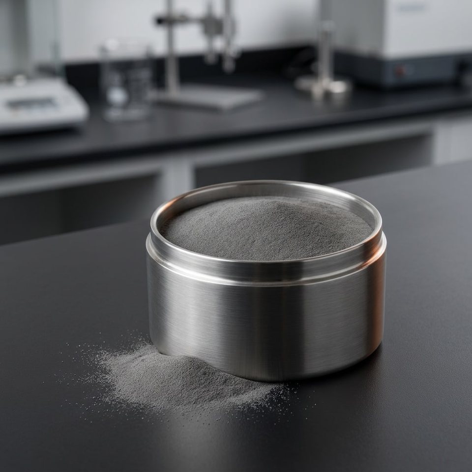 Fine water atomized iron powder in a clean stainless steel sample vessel
