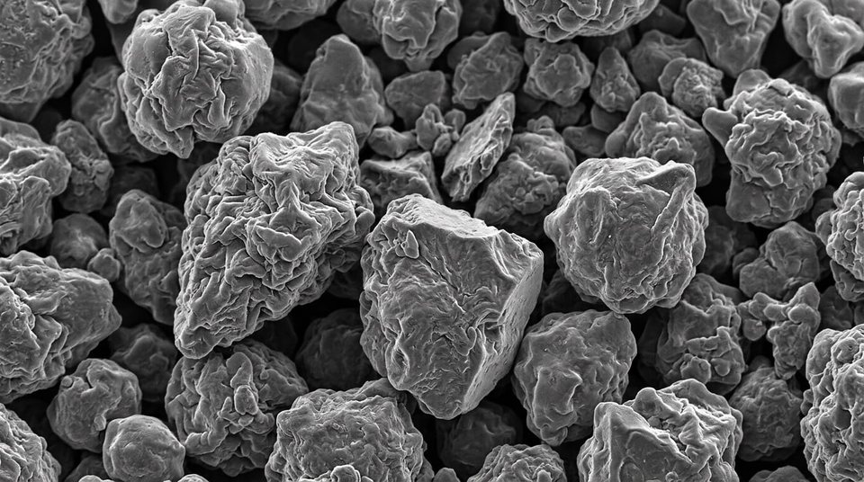 Microscopic view of irregular water atomized iron powder particles